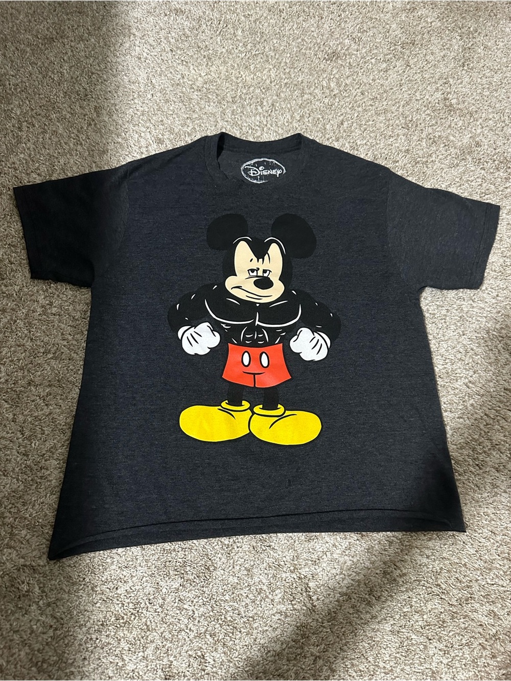 Disney Black Tee with Muscular Mickey in Red and Yellow